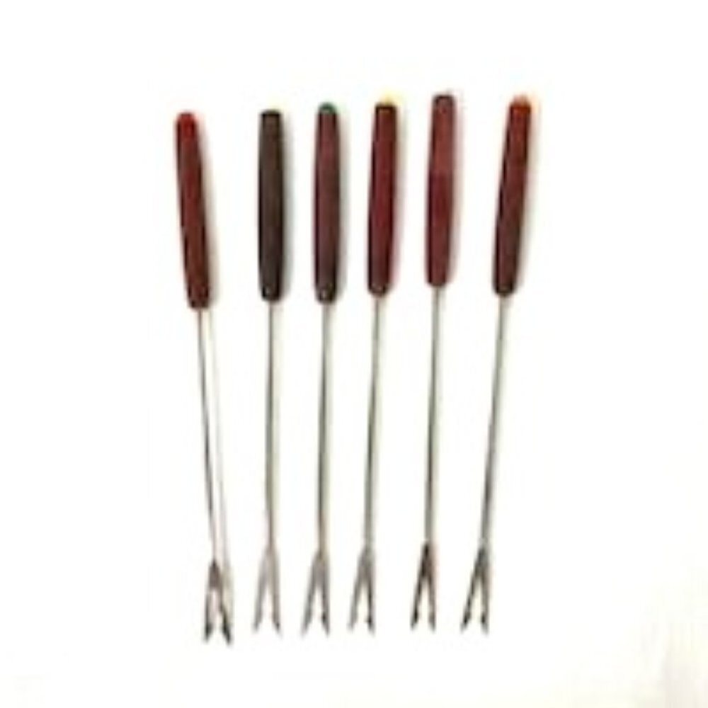 Vtg Fondue Forks Skewers Set of 6 Wood Handle Colored‎ Tips MCM Retro Mod - Picture 4 of 6